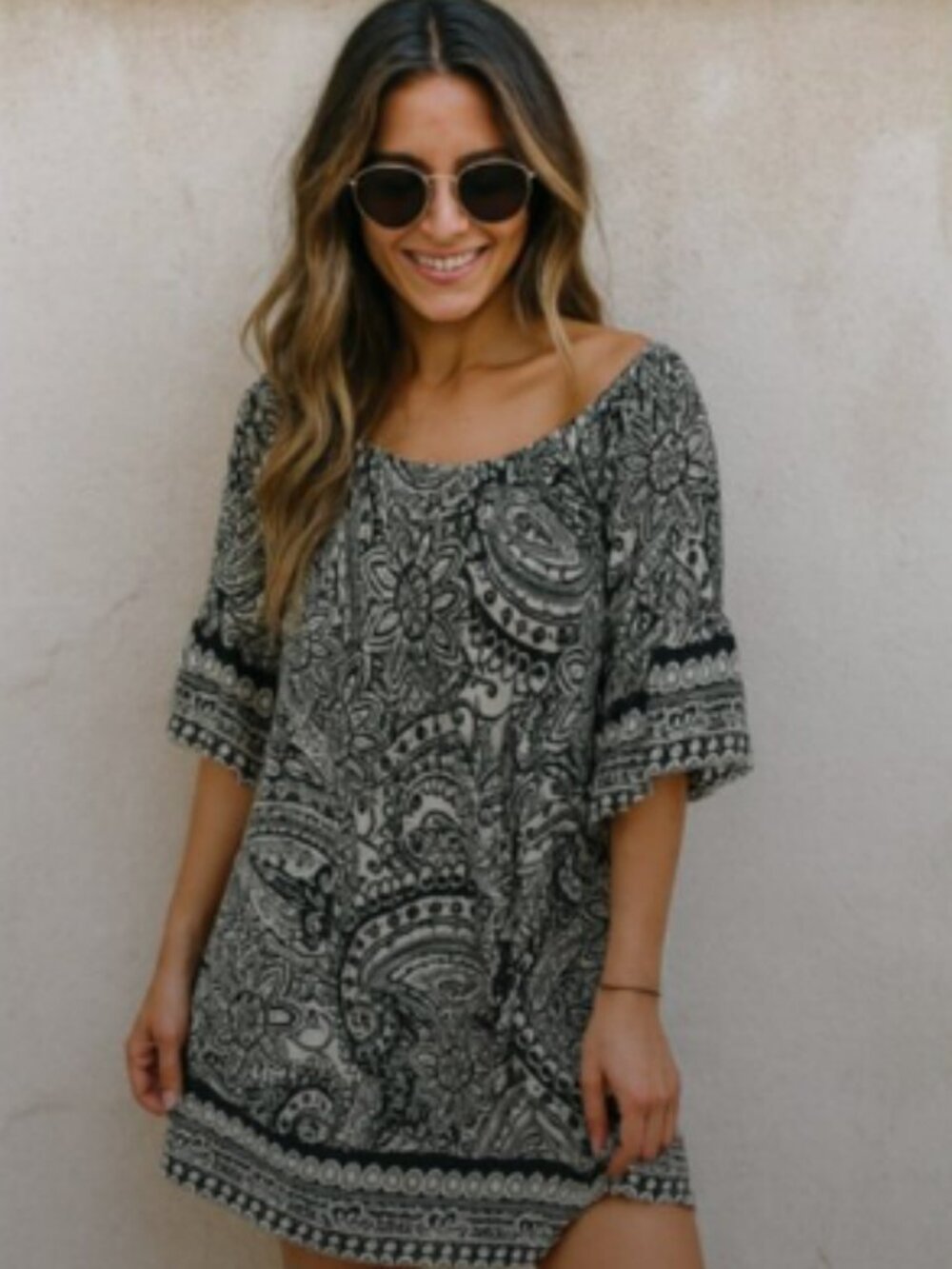 Umgee Black and White Bell Sleeve Printed Tunic Dress